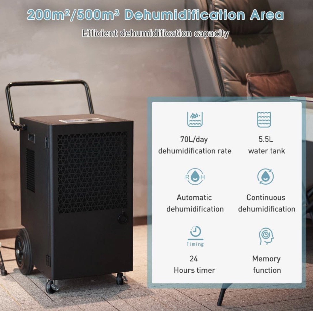 iOCHOW 70L/Day Industrial Electric Desumifier: Surface 200m²/500m3 Cellar Humidifier, Timer 24Hr Air Dehumidifier, Professional Dehumidifier with 5.5L Water Tank